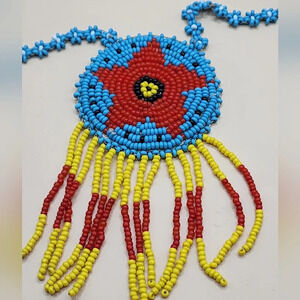 Native American Beaded Star Necklace Leather Back Handmade Blue Yellow Red